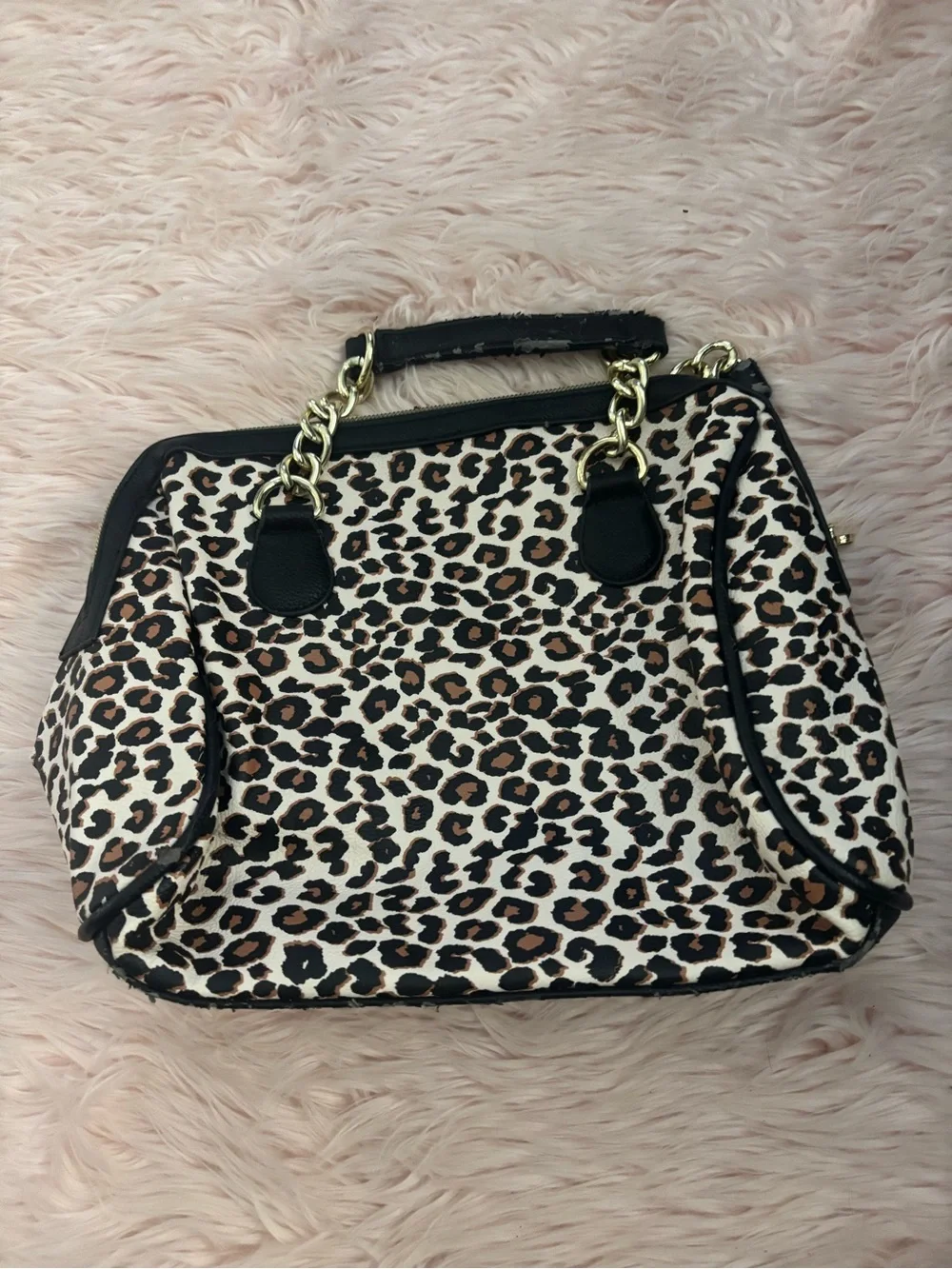 Betsey Johnson Leopard Print Satchel in Brown and Black with Gold Chain Handles